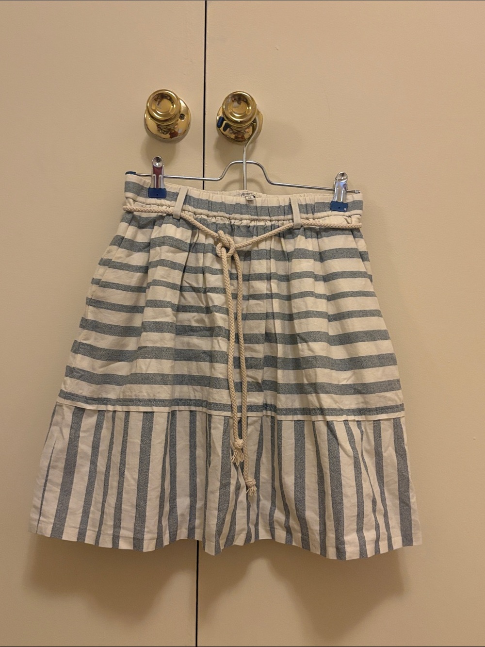 Madewell (J Crew brand)Blue and White Striped Cotton Tiered Skirt with Rope Belt